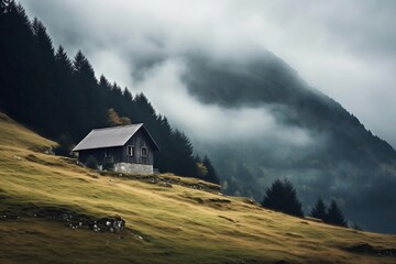 mountain village in the fog