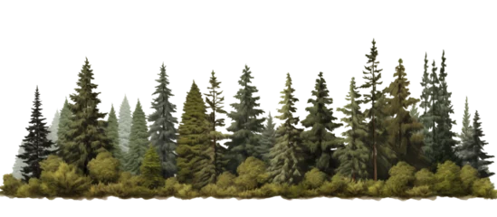 Deurstickers Green evergreen fir pine spruce trees treeline isolated on transparent background. Generative AI © SRITE KHATUN