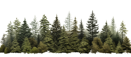 Naklejka premium Green evergreen fir pine spruce trees treeline isolated on transparent background. Generative AI