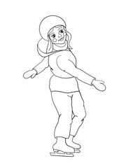Cartoon vector. Illustration of cute funny little sports girl on skates on winter time. Isolated.  Coloring Book Page.