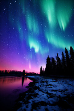 color photo of a dreamlike scene featuring both the awe-inspiring auroras and shooting stars. AI generated