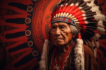 Obraz premium A native American chief wearing a traditional feather headdress with a patterned background