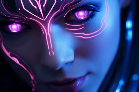 Woman's face with neon cybernetic patterns and glowing eyes, futuristic technology or AI concepts
