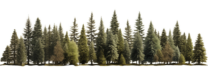 Green evergreen fir pine spruce trees treeline isolated on transparent background. Generative AI - obrazy, fototapety, plakaty