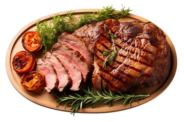 Top view of roasted meat with with vegetables on plate isolated on transparent background.