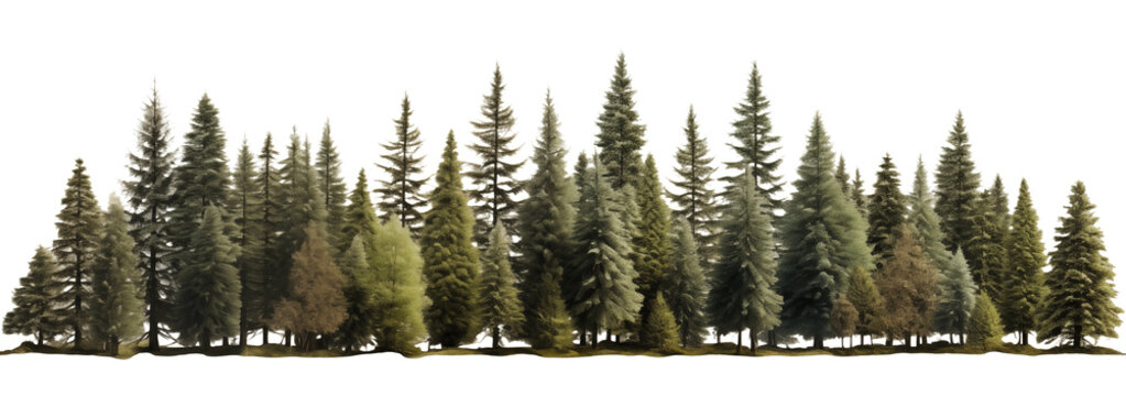 Green evergreen fir pine spruce trees treeline isolated on transparent background. Generative AI