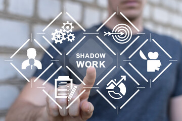 Man using virtual touchscreen presses inscription: SHADOW WORK. Shadow work psychology concept....