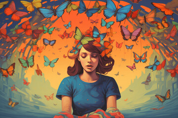 Illustration of a young woman relaxing and meditating with butterflies flying around her. The power of pause. Moments to recharge the mind. Concept of mental health