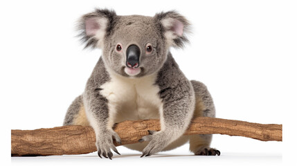 Young koala, Phascolarctos cinereus, sitting in front of white background. generative ai