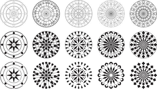 Set of 12-circle floral design patterns, Vestor set, beautiful hand-drawn patterns, Mandala art, and flower geometrical artwork.