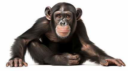 Young Chimpanzee sitting - Simia troglodytes in front of a white background. generative ai