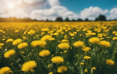 Obraz premium Many yellow dandelion flowers on meadow in nature in summer close-up macro against a blue sky