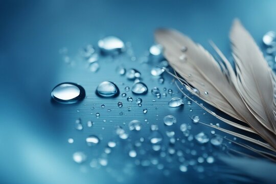 Beautiful symbolic macro image of fragility and purity nature in form of perfect round water droplet and feathers