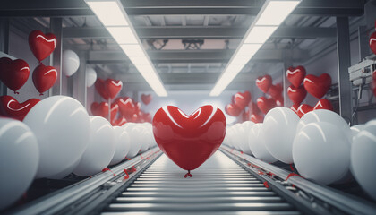 Red and white Valentine's heart balloons are moving along a conveyor belt in a warehouse fulfillment center.