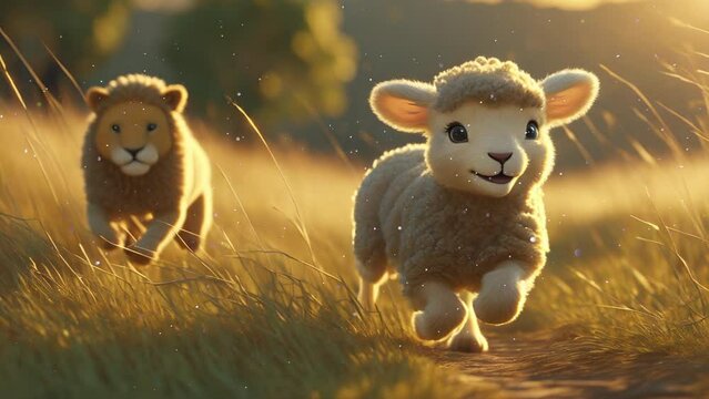 Adorable Lamb Being Chased By Cute Lion - AI Animation