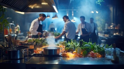 World-class professional kitchen, team of skilled chefs collaborates to create exceptional dishes. Food creativity and precision, with each chef contributing their expertise. Generative ai