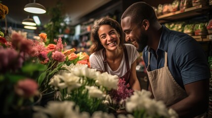 Flower shop counter, where a florist assists a customer in selecting the perfect bouquet. The image conveys the personalized and friendly service of the flower shop. Generative ai