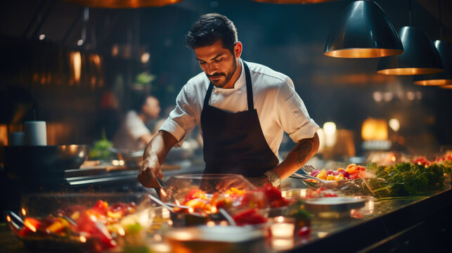 World-class professional kitchen, team of skilled chefs collaborates to create exceptional dishes. Food creativity and precision, with each chef contributing their expertise. Generative ai