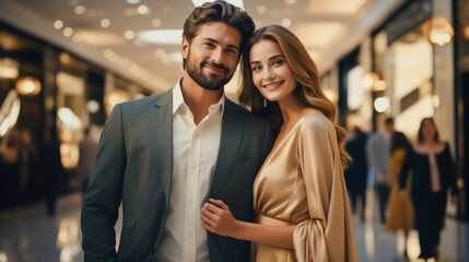 High-fashion concept capturing essence stylish couple bustling shopping mall. The image reflects the intersection of fashion joy, with the couple showcasing trendy outfits backdrop. Generative ai