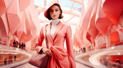 A high-fashion concept featuring a woman in shopping mall , dressed in elegant attire and surrounded by a luxurious interior. Woman fashion and luxury girl's impeccable style. Generative ai