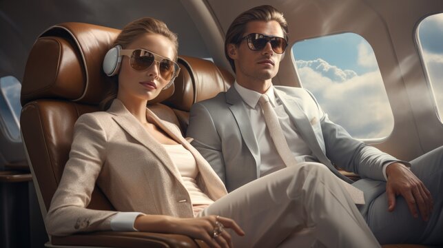 High-fashion concept featuring a stylish couple in a private plane, dressed elegant attire and surrounded luxurious interior. Woman impeccable style. Men futuristic rich. Generative ai