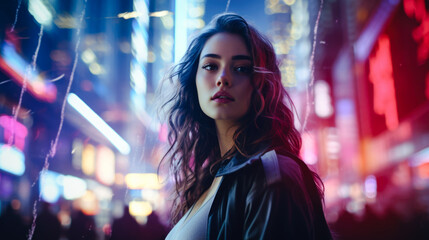 Night cityscape featuring a retro futuristic girl walking along a neon-lit street, her fashion-forward outfit glowing in the ambient lights. The atmosphere is filled with urban energy. Generative ai