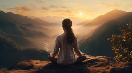 a person practicing yoga on a serene mountaintop at sunrise, embracing the spiritual and serene aspect of full-spectrum living. Generative ai - obrazy, fototapety, plakaty