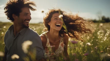 Fotobehang Playful portrait couple laughing together field of tall grass and wildflowers. Wind gently touches their hair, and the scene exudes a carefree joyful energy spring colors. Generative ai © MoreThanProd