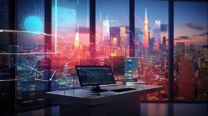 Office room in a skyscraper, with large glass windows advanced hologram screen, computer work desk.
