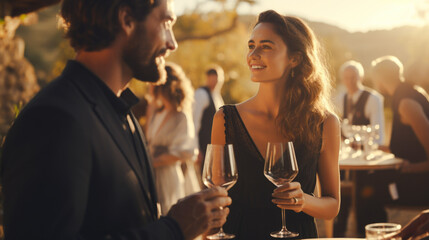 Elegance and wine appreciation in a vineyard, where a sommelier expertly pours a glass of wine for a group of connoisseurs. People, couple drinking vine vineyard bathed. Generative ai