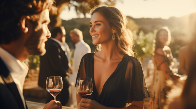 Elegance and wine appreciation in a vineyard, where a sommelier expertly pours a glass of wine for a group of connoisseurs. People, couple drinking vine vineyard bathed. Generative ai