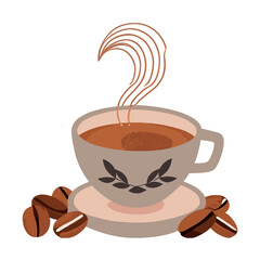 Coffee cup with beans and steam rising from it, on transparent backgrounds