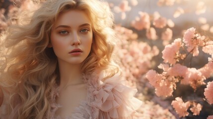Fototapeta premium A fabulous portrait of a magical magical spring girl against the background of blooming nature and flowers in a dress. Generative ai