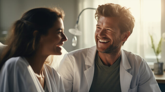 Emotionally charged photo doctor delivering positive newspatient in a hospital room. Genuine connection and relief shared between the healthcare provider and the patient. Generative ai
