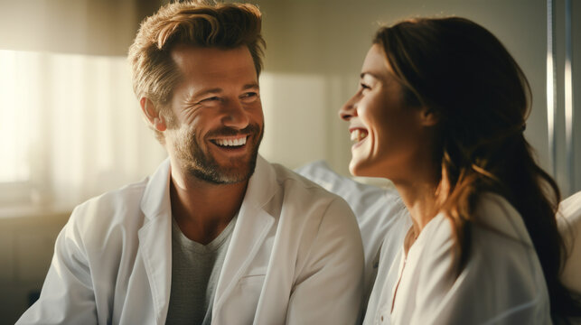 Emotionally charged photo doctor delivering positive newspatient in a hospital room. Genuine connection and relief shared between the healthcare provider and the patient. Generative ai