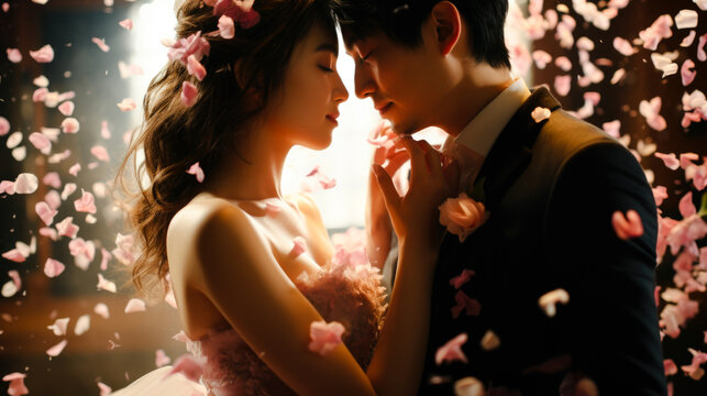Asians wedding couple sharing a kiss under a cascade of flower petals. The atmosphere is one of pure romance and joy, capturing the magic of their valentine's day flowers. Generative ai