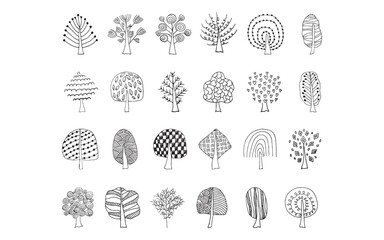 tree. doodle. black lines. vector. ecology. leaves. on a white background. set
