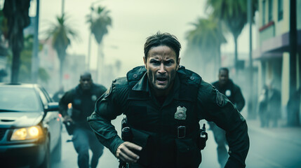 Fototapeta premium Cinematic scene of bank robbers evading law enforcement, featuring a high-speed chase through city streets. Generative ai