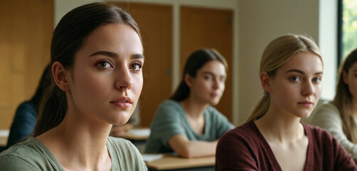 sad young teenager or caucasian young adult woman, student at university or high school, in a classroom with other women. fictional location - obrazy, fototapety, plakaty