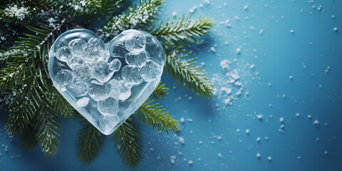 heart shaped christmas tree, A snow covered background with a blue background, A tree with bubbles and the word  on it, Frozen drop of water ice faded moment symbol, Snowflakes at a window in the form