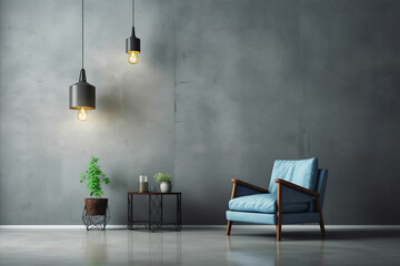 Realistic Living Room Mockup with Chair, Table, Flowers, and Lights Isolated on Grey Wall