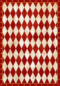 Vintage Circus Poster Background with a grunge paper texture on red and white arlequin diamonds pattern, framed with golden star and light line decoration