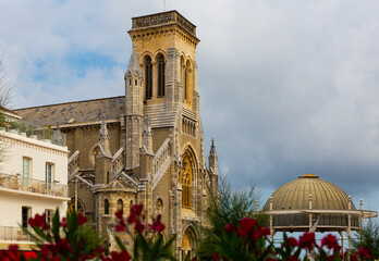 View of neo-Gothic building of Catholic Church of Saint Eugenie in French city of Biarritz in...