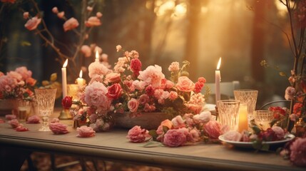 Wedding table set with delicate china, crystal glasses, and lush floral centerpieces. Sophistication and celebration as the table becomes a canvas for love and joy. Generative ai