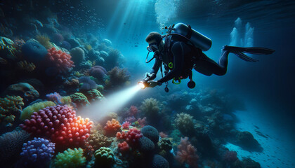 un homme utilisant une lampe de plongée sous le niveau de la surface de la mer - obrazy, fototapety, plakaty