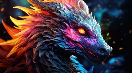  mythical creature, like a dragon or unicorn, with its scales or fur radiating a fluorescent glow. The image captures the enchanting and magical qualities of this fantasy creature. Generative ai