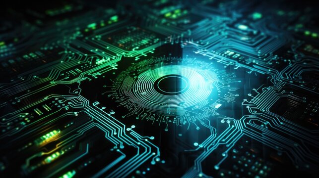 futuristic visualization of a fingerprint emerging from a digital circuit board, representing the integration of biometric data into the core of cyber technology. Generative ai