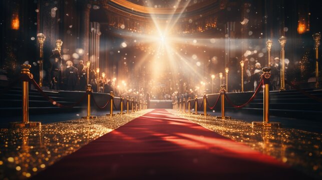 Star-studded red carpet event comes to life as celebrities and VIPs grace the entrance. Paparazzi swarm, capturing every moment frenzy of camera flashes. Red carpet exudes opulence. Generative ai