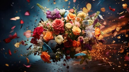 Fototapeta premium Wedding bouquet takes flight, soaring through the air against the backdrop of a picturesque wedding bride woman. Wedding spring bouquet flowers shop. Generative ai