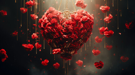 Artistic composition featuring a heart-shaped bouquet of red roses suspended in mid-air, with petals gently falling around it. The scene exudes elegance and romance, valentines day. Generative ai